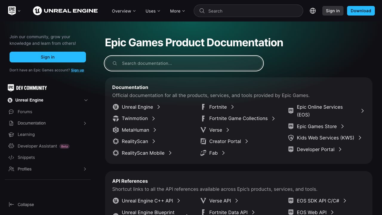 Screenshot of Epic Games Product Documentation
